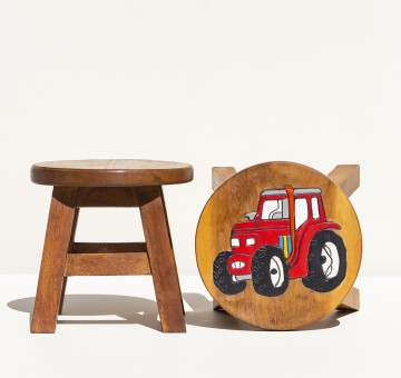 Hand Crafted Stool Red Tractor White Wheels