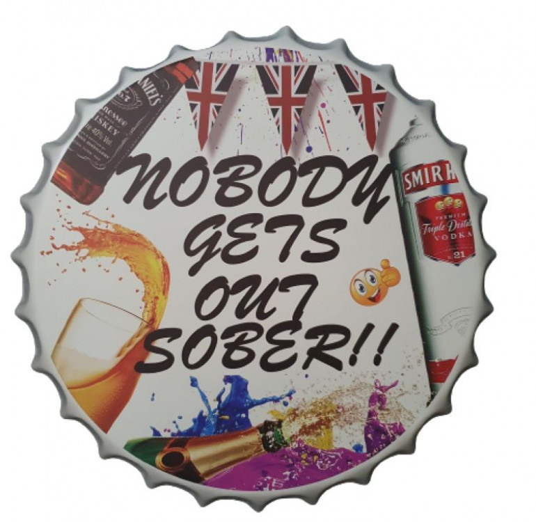Targa Metallica Decorativa Da Parete "Nobody Gets Out Sober" Per Man Cave, 27x18 Cm
