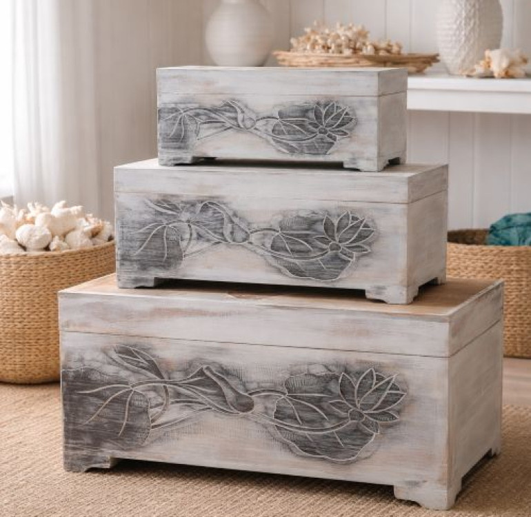 Wood carved Lotus Flower Chest