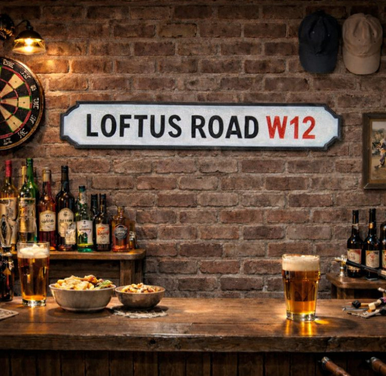 Loftus Road Stadium Wooden Street Sign, hand carved and painted